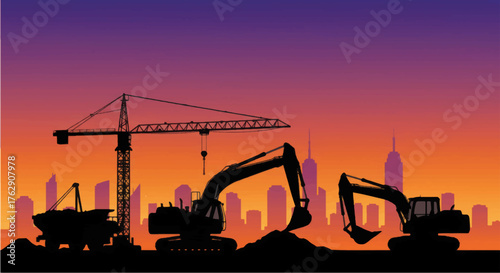 Construction site silhouette with crane and excavators against sunset.