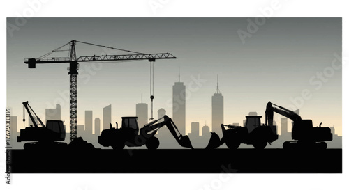 Silhouettes of various heavy construction equipment and machinery.