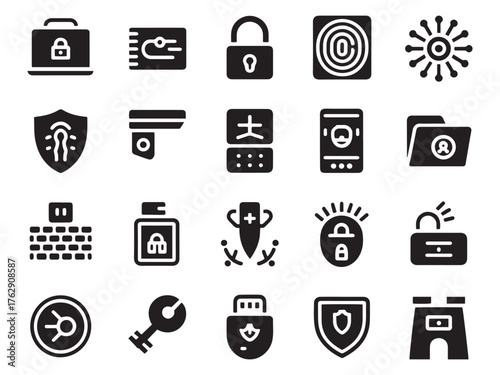 Glyph style security icons collection featuring locks shields keys and more for digital safety