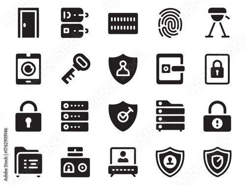 Collection of 20 glyph style icons representing security privacy access and data management concepts