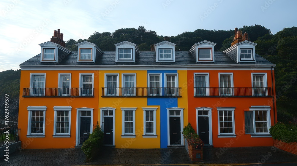 Fototapeta premium Vibrant row of houses stands out with orange, yellow, and blue facades on a cloudy day.