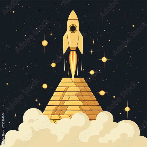 A golden rocket launches from a pyramid of gold bars, surrounded by clouds, symbolizing wealth and aspiration.   , vector style simple color