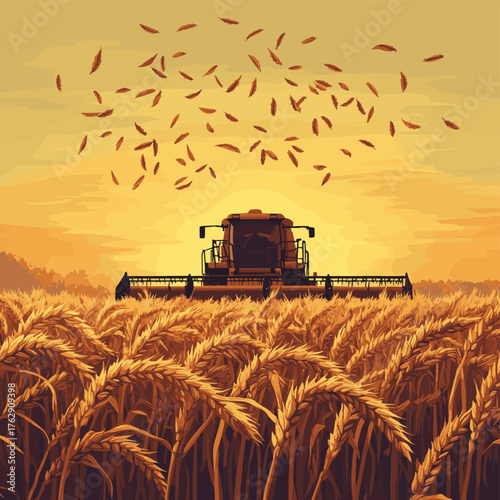 A golden wheat field glows in the sunset, with a combine harvester in the background, symbolizing agriculture and harvest time.   , vector style simple color
