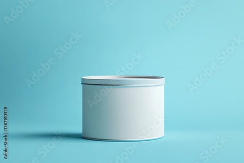 white tin can packaging mockup on blue background.