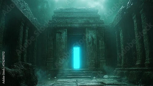 Ancient temple ruins with glowing portal in mist