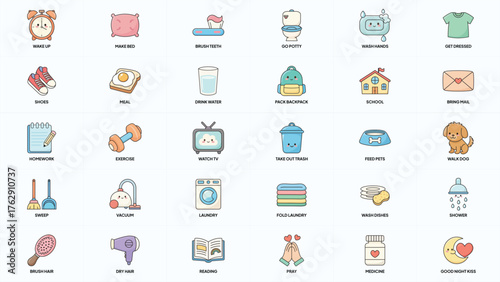 Kids Chores Icons, a minimalist, modern, and cute daily routine clipart set featuring simple task and reward chart stickers perfect for children’s chore charts and organizers.