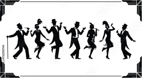 Black silhouettes of flapper dancers and men in top hats dancing and playing music 1920s art deco