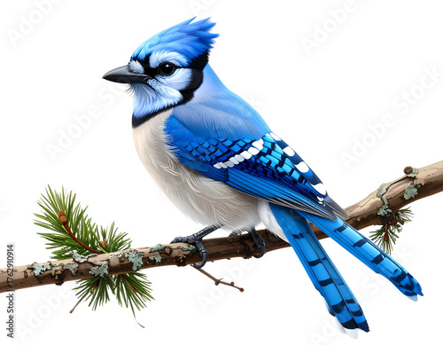  Blue Jay Perched on a Branch, isolated on a transparent background