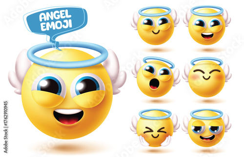 Emoji angel character clipart set. Emojis angelic kind characters clip art with cute, happy, surprise, cheerful, blush, giggle and sad face collection wearing halo and wings element vector 
