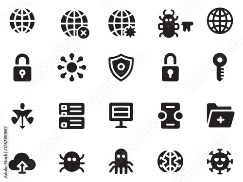 Collection of 20 glyph style digital security and internet icons representing cyber threats and protection