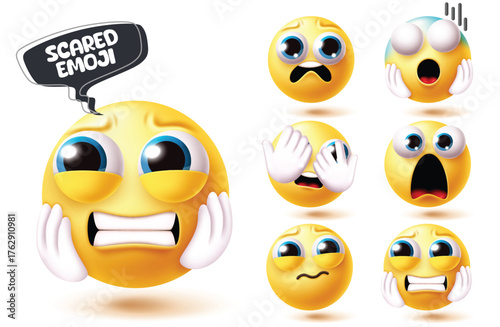 Emoji scared face clipart set. Emojis yellow characters clip art with scared, shocking, afraid, frightened, nervous and worried facial expression collection round emoji symbol vector illustration.
