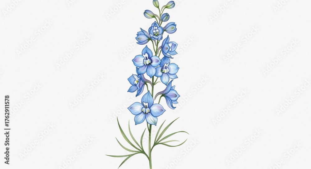 Obraz premium Fine Art Composition Featuring Blue Delphinium and Larkspur Flowers in Watercolor on White Background