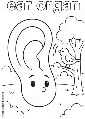 coloring book ear organ hanging upside down from tree, cute and funny outdoor activity for kids