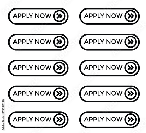 Apply Now Button Vector Set – Web UI, Click, Order, Subscribe, and Online Action Buttons on White & Transparent Background