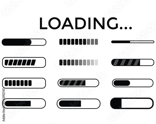 Loading Bar and Progress Indicator Icon Set – Vector Collection of Load Bars, Spinners, and Status UI Elements