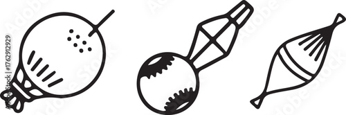 Outline illustration of different kinds of knitting wool balls and needle