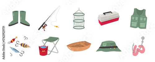 Fishing Gear Collection With Boots, Rod, Net, Vest, Hat, Lures and Tackle Box for Outdoor Recreation. Fishing Gear Vector Set
