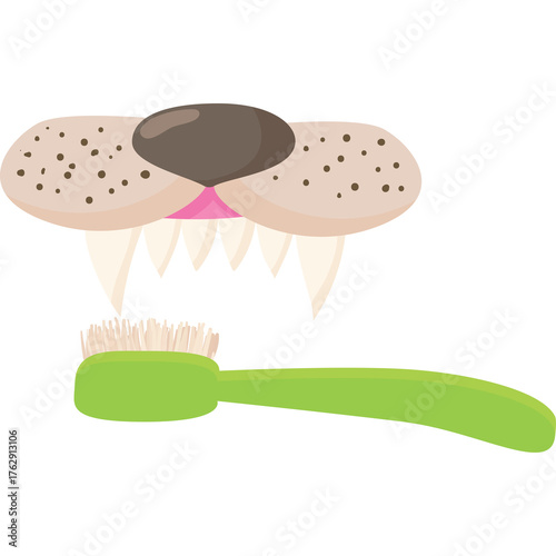 Close up of a dog mouth with sharp teeth and pink gums next to a green toothbrush on a transparent background illustration