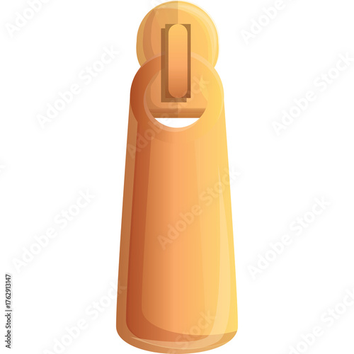 Close up of a golden zipper pull tab on a white background with a smooth gradient metallic texture and a simple loop for attachment in a vertical orientation.