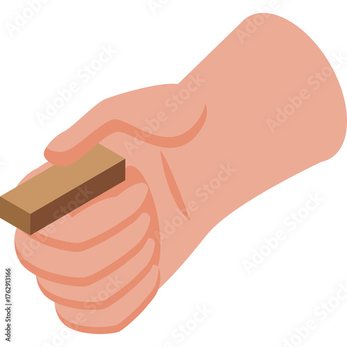 Close Up Of A Light Skinned Hand Holding A Small Brown Rectangular Wooden Object Isometric View With A Transparent Background