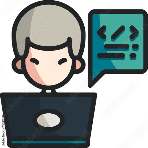Close Up Of A Person With Short Grey Hair Working On A Laptop With A Teal Speech Bubble Indicating Coding And Technology On A Transparent Background