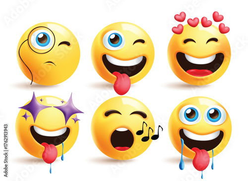 Emoji searching face clipart set. Emoji searching face clip art character with winking, in love, heart, excited, singing, hungry and amaze facial expression yellow cute collection vector illustration.
