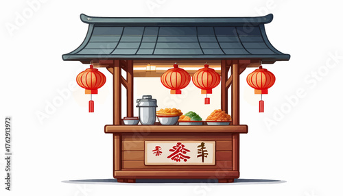 Illustration of a traditional Chinese food stall with hanging lanterns and various dishes on display.