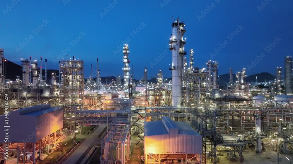 Video Stock Oil and Gas refinery plant at night, Global business energy ...