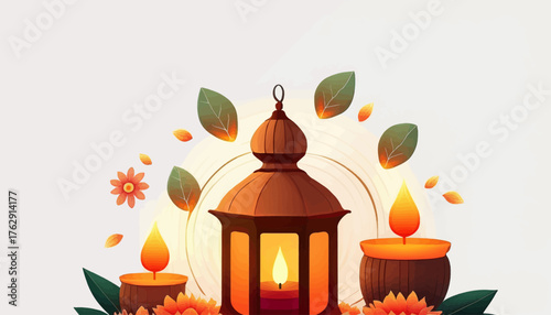 A festive illustration of a glowing lantern and lit candles surrounded by decorative flowers and leaves.