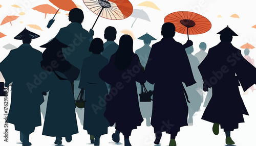 A procession of silhouetted figures in traditional Asian attire walking under orange paper umbrellas.