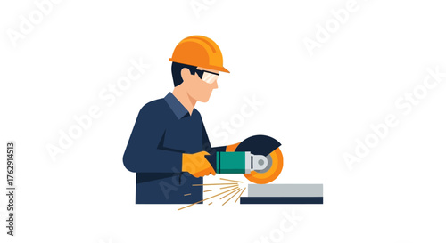 Man in hardhat grinding metal sparks flying