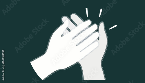 Illustration of two hands clapping together, depicted in white against a dark green background, with radiating lines.