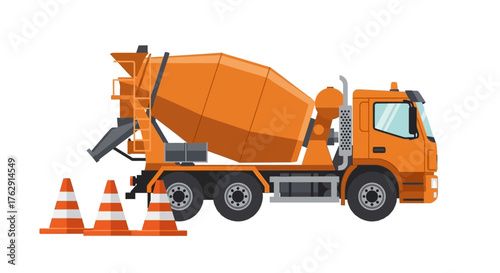 Orange cement truck next to three orange and white traffic cones