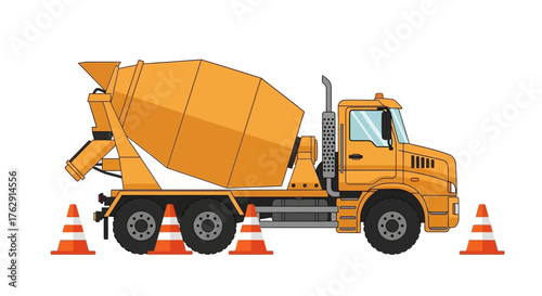 Orange cement truck amidst orange cones isolated on white