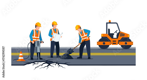 Road construction scene workers repair a cracked road with tools orange construction vehicle nearby