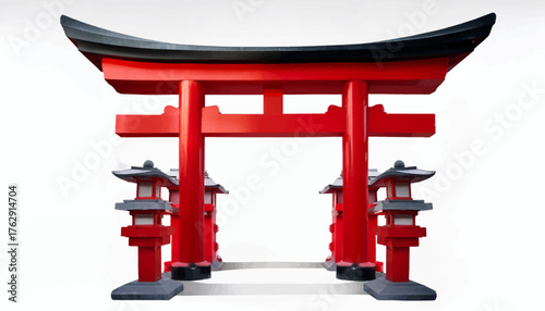 A vibrant red traditional Japanese Torii gate stands isolated on a clean white background, symbolizing sacred entry.