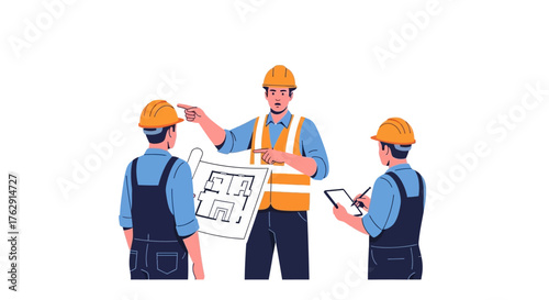 Three construction workers one with a blueprint discussing plans
