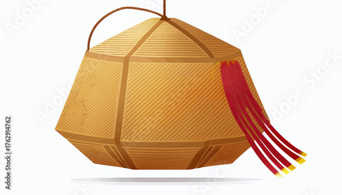 A stylized illustration of a hanging, octagonal, woven lantern with red tassels.