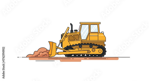Yellow bulldozer moving soil cartoon style black outlines