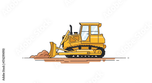 Yellow bulldozer pushing dirt cartoon style on a white background