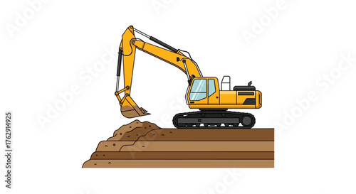 Yellow excavator digs into a layered earth mound