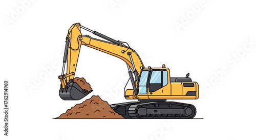 Yellow excavator with raised arm bucket filled with dirt near a pile on a white background
