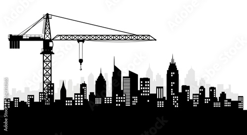 A blackandwhite silhouette of a city skyline with a large crane in the foreground