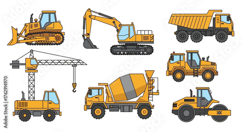Yellow construction vehicles a bulldozer excavator dumper crane mixer roller on a white background