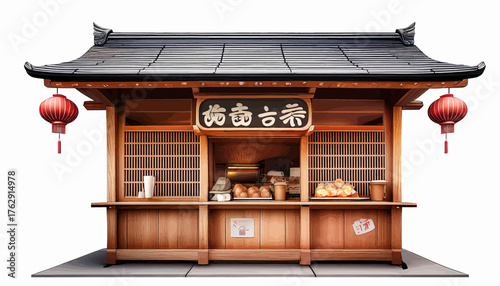 A traditional Asian wooden food stall with a tiled roof, red lanterns, and snacks on display.