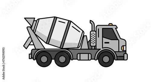 A cement truck featuring a large mixer and a grey cab on a white background