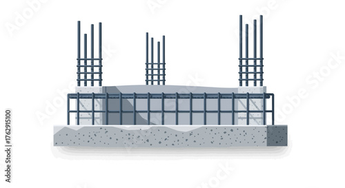 A concrete footing with vertical rebar extending upwards Horizontal rebar reinforces the footing structure