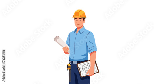 A construction worker holds blueprints wearing a helmet shirt pants belt and a measuring tape