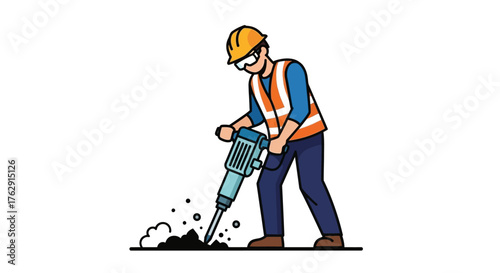 A construction worker uses a jackhammer He wears safety gear and navy pants