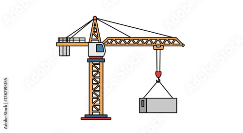 A crane stands lifting a gray block against a white backdrop